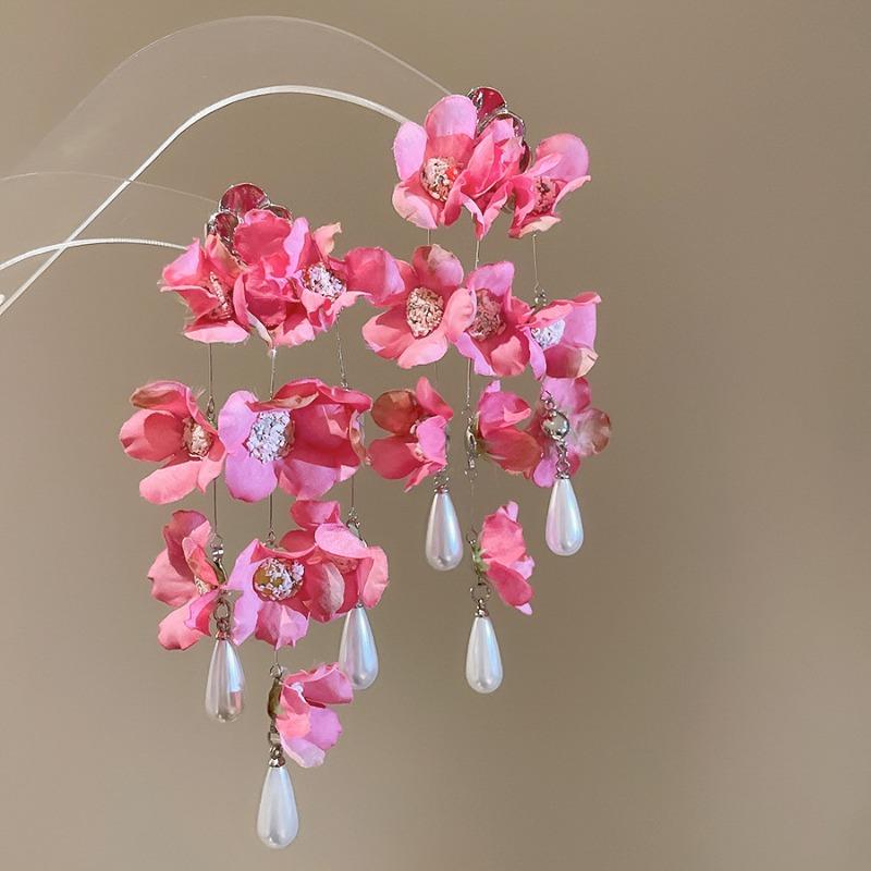 Fresh Sweet Fabric Flower Dangle Earrings for Women Imitation Pearl Water Drop Tassel Earring Elegant Charm Jewelry Vacation