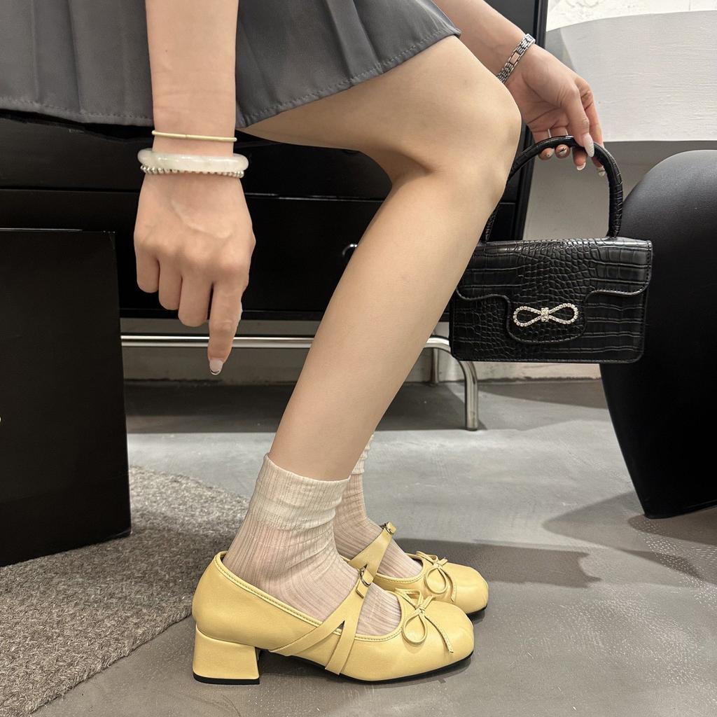 Bow Word with Mary Jane Shoes Thick Heel Light Mouth Single Shoes Versatile Gentle Ballet Shoes