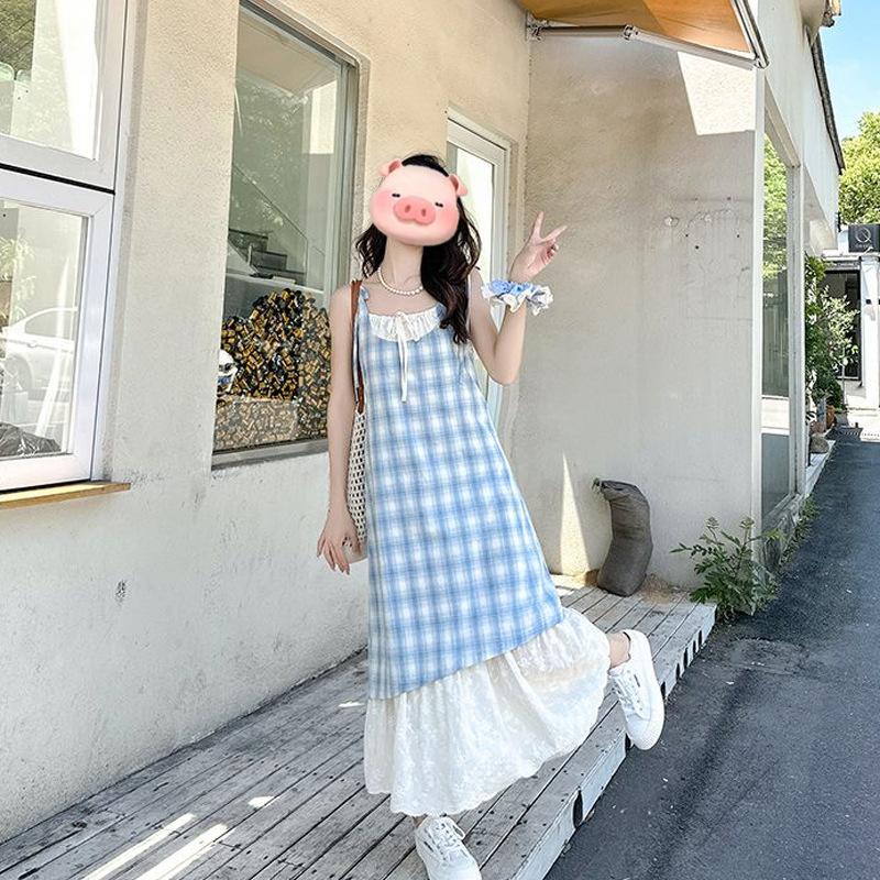 Blue plaid suspender dress women's new summer vacation two pieces seaside wear skirt vacation dress