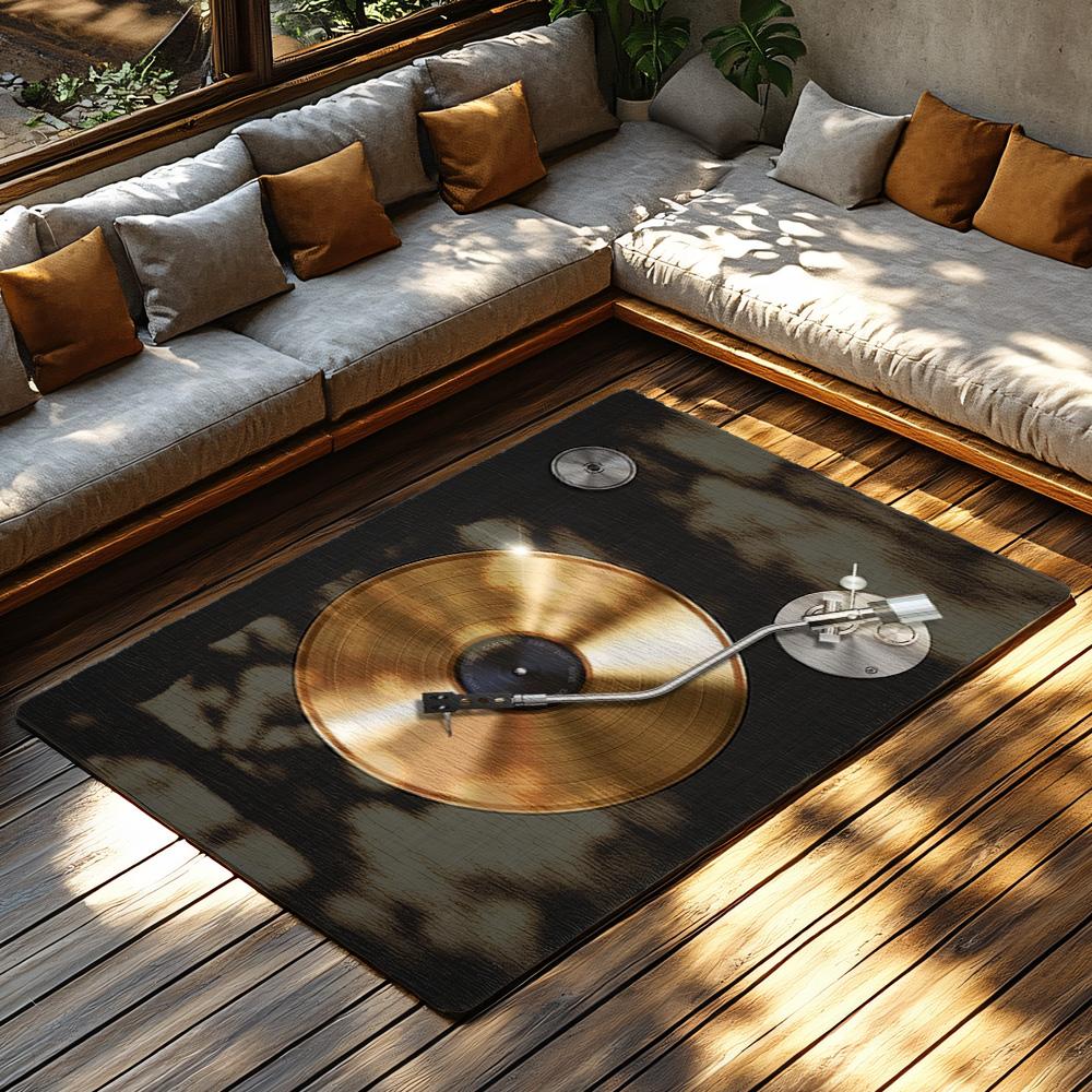 Golden Vinyl Record Rug, Black Music Note Carpet for Living Room, Soft Non-Slip Sofa Mat with Bohemian Decor