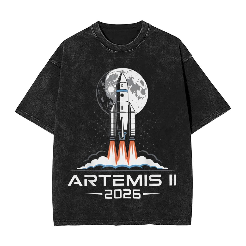 Man T Shirt Artemis II Back to the Moon 2026 Washed T-Shirts Harajuku Summer Tee Shirt Streetwear Casual Tops Plus Size 2XL