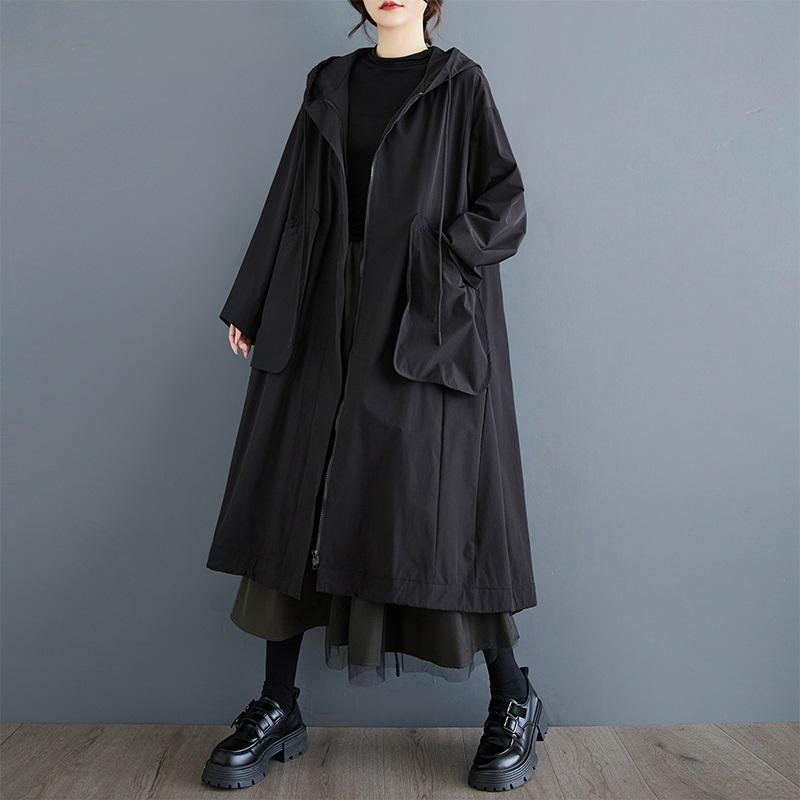Long Sleeve Oversized Vintage Black Hooded Casual Loose Autumn Spring Trench Coat for Women Outerwear