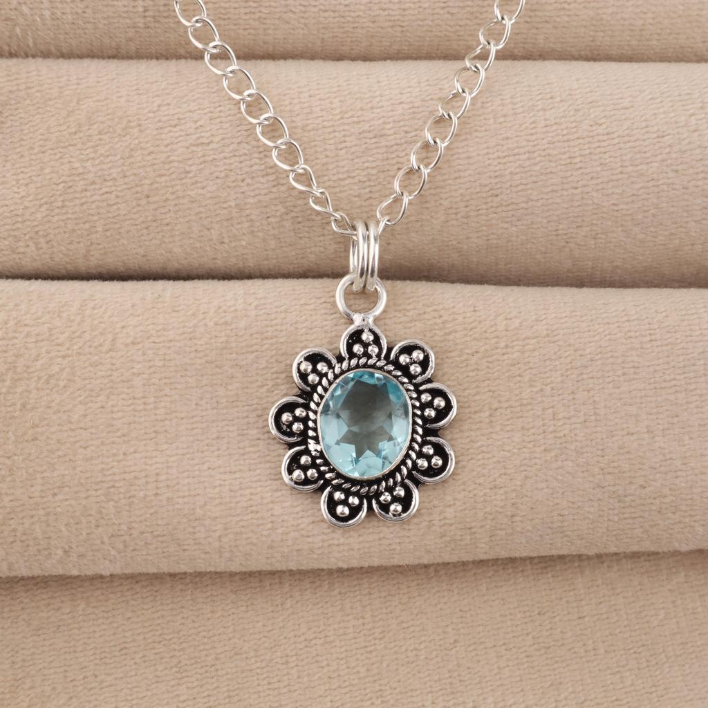 Sky Blue Topaz Gemstone 925Sterling Silver Jewelry Designer Pendant 1.37" For Mother's Day Gift CP-40-7