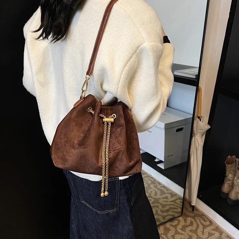 Soft Solid Faux Suede Simple Commuting Crossbody Bags Sewing Sweet Bags for Women Thread String Women's Handbags