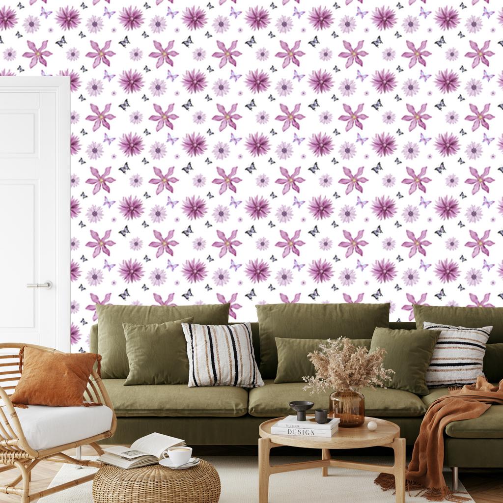 Wallpaper Flowers White and Purple for Living Room and Bedroom 50x1000