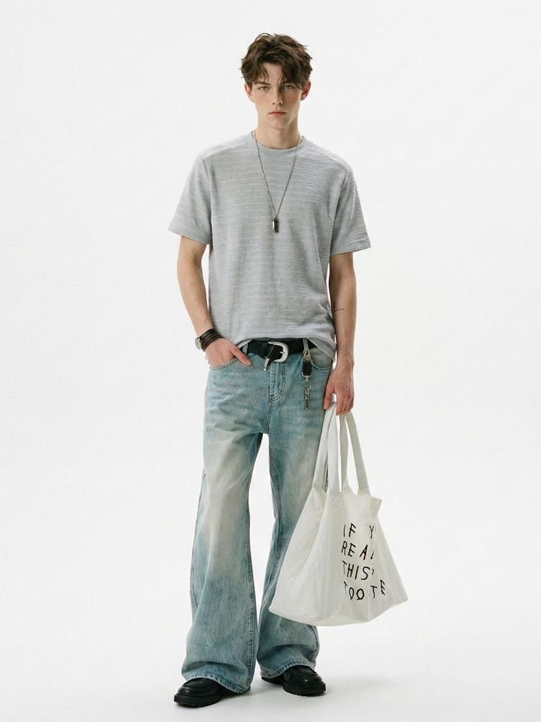 Summer Men's Quiet Luxury Textured Blend Basic Jacquard Slim Fit Solid Crew Neck Knit Short Sleeve T-Shirt