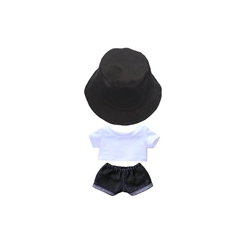 niannyyhouse 15cm Plush Doll Clothes Set: Hat, T-Shirt, and Pants, 3-Piece Set Includes Fisherman's Hat, White T-Shirt, and Jeans, Cotton Doll Clothes