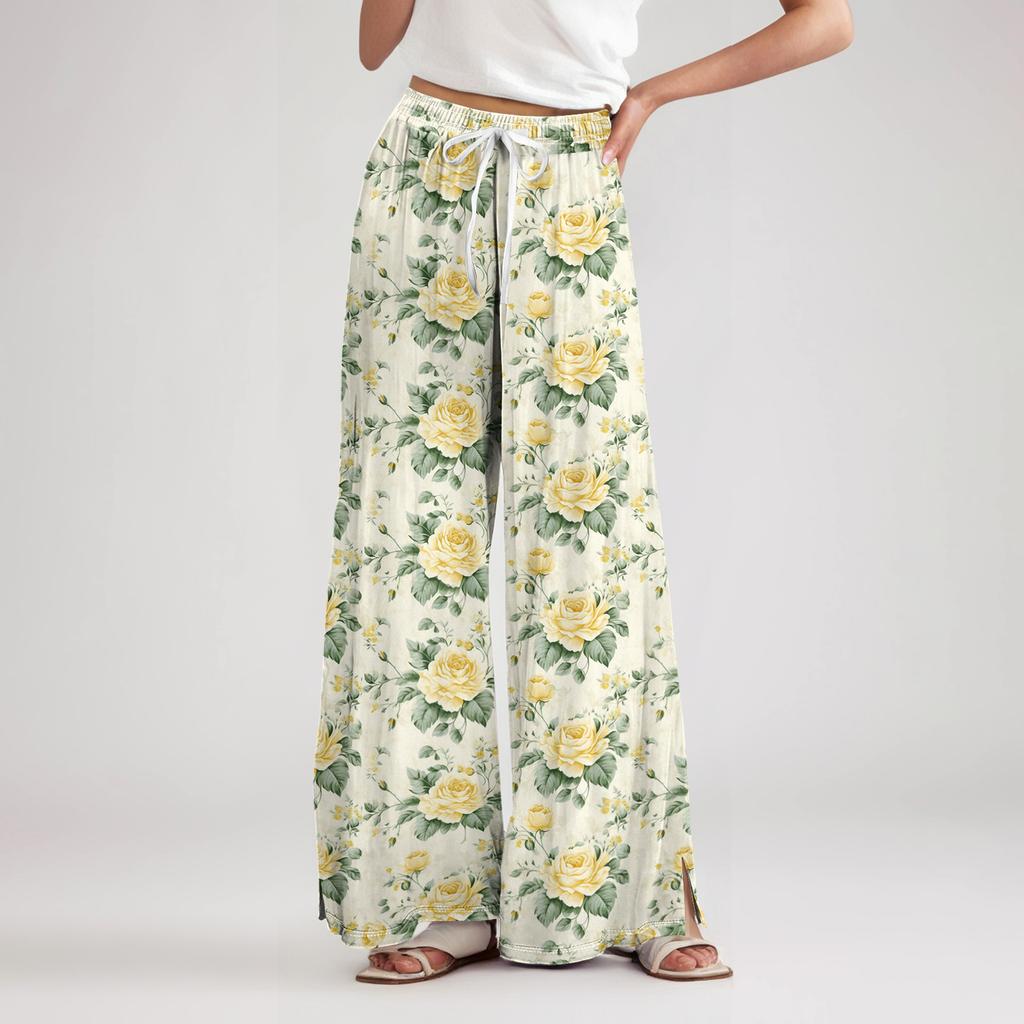 Women’s Wide Leg Pants High Waist Drawstring Loose Fit Lightweight Floral Print Trousers for Casual Summer Wear