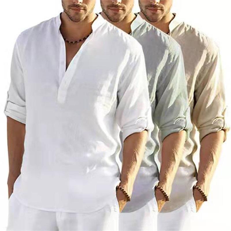 Men's Linen Long Sleeved T Shirt Loose Undershirt Solid Color Long Sleeved Cotton And Linen Shirt Men's Plus Size