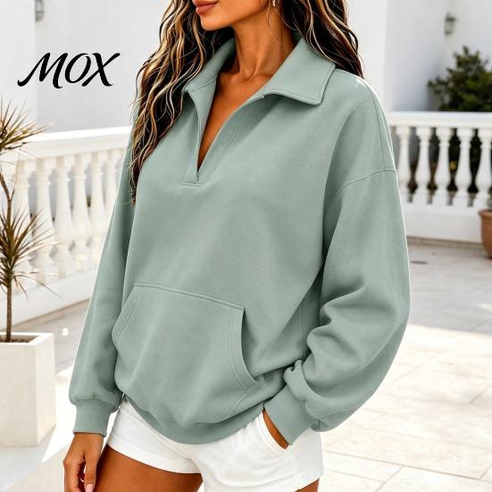 Ribbed Cuff Pullover Women V-Neck Sweatshirt with Kangaroo Pocket, Fit Drop-Shoulder Top, Loose Casual Long Sleeve Top for Autumn Winter Drop Shoulder
