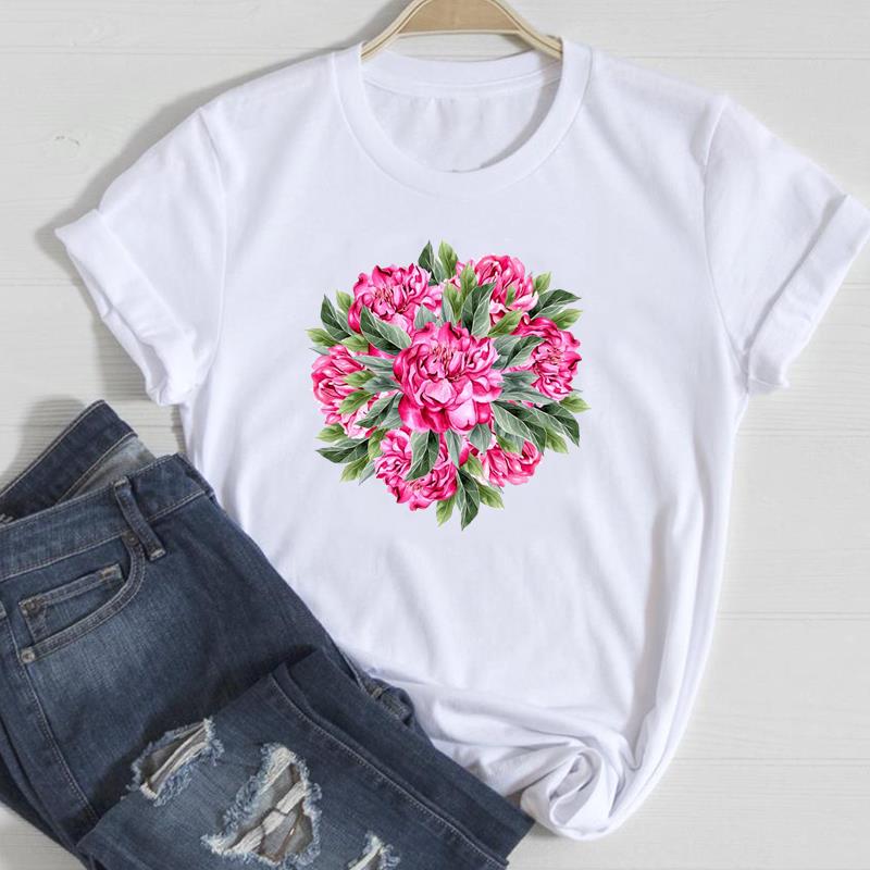 (European Size)90s Fashion Tee Clothing Casual Top Flower Lovely Trend T Shirt Short Sleeve Women Print Lady Female Graphic T-shirt