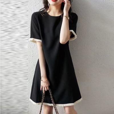 Französisch Stil Schwarzes Kleid Für Frauen Kurzarm Sommer Mode Lässig Lose Oansatz Knie-Länge Solide Kleider Vestidos 25955