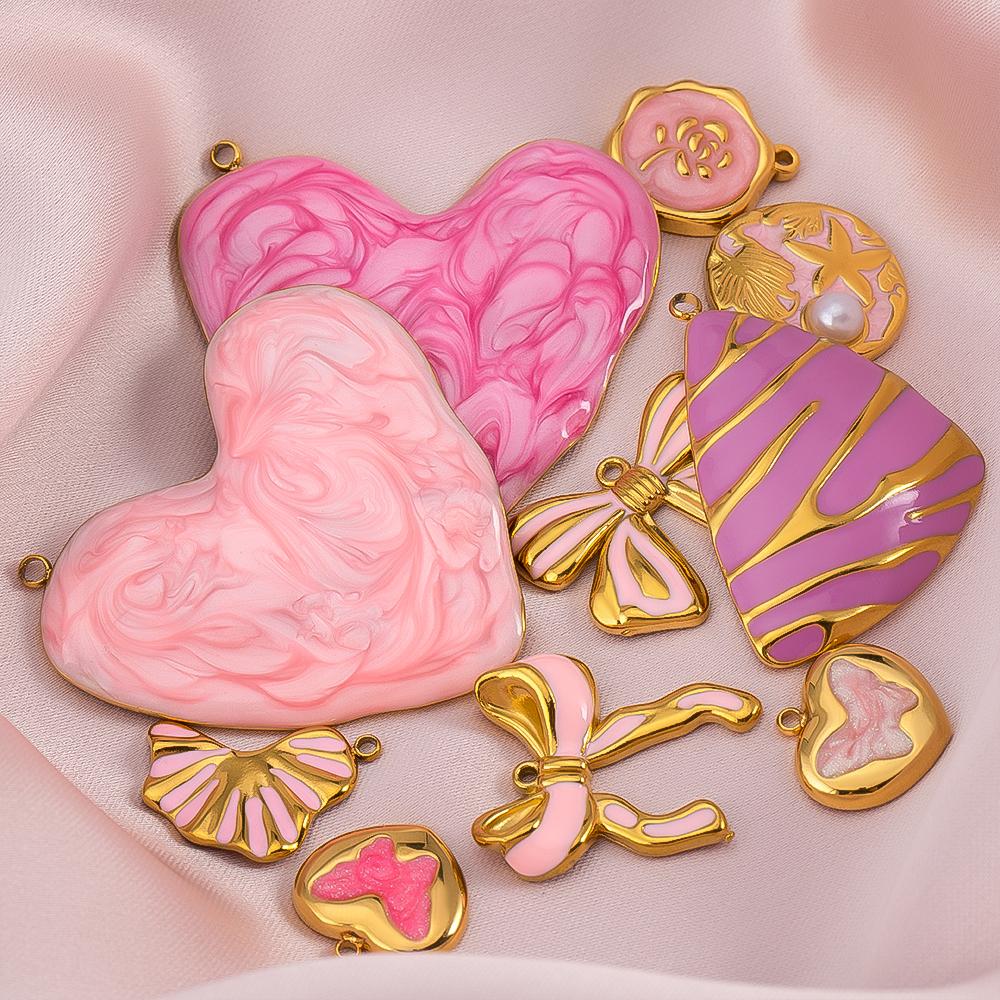 2P Stainless Steel Pendant Series Pink Pendant Multiple Choice Earring Components DIY Necklace Jewelry Accessories