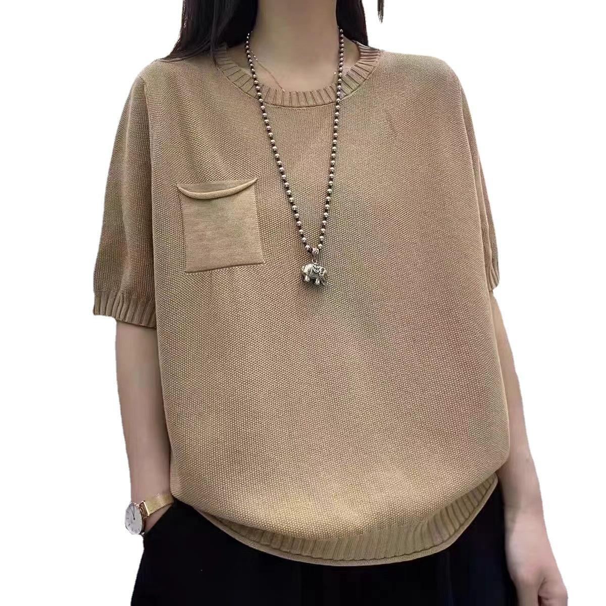 

Летний новый хлопковый вязаный женский топ с короткими рукавами и круглым вырезом, модный, свободный и универсальный, удобный и дышащий, с рукавами половинной длины XXL