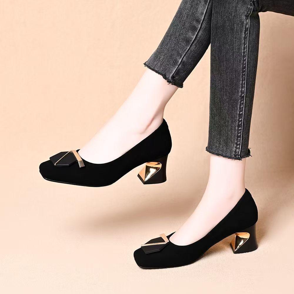 Coarse Heel Suede Light Mouth Single Shoes 2025 Autumn New Square Head Seven-character Buckle One Pedal Low Top Lightweight Popular Women's Shoes