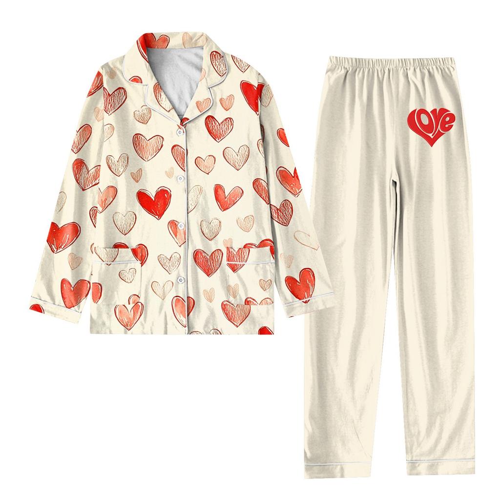 2-teiliger bedruckter Damen-Anzug, langärmelig, Oberteil mit Knopfleiste, weite Hosen, Anzug-Set, Schlafanzug, Home-Casual-Anzug