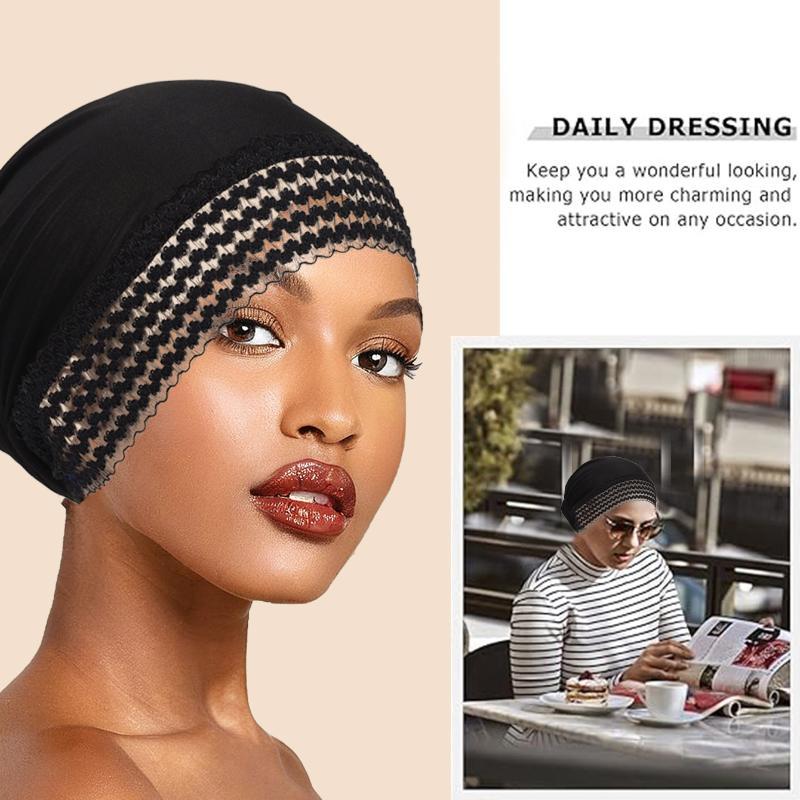 Damen Vorgebundener Turban Hohlspitze Front Hijab Elastisch Weiche Kopfbedeckung Atmungsaktive Haarabdeckung Tägliches Chemo-Kopftuch