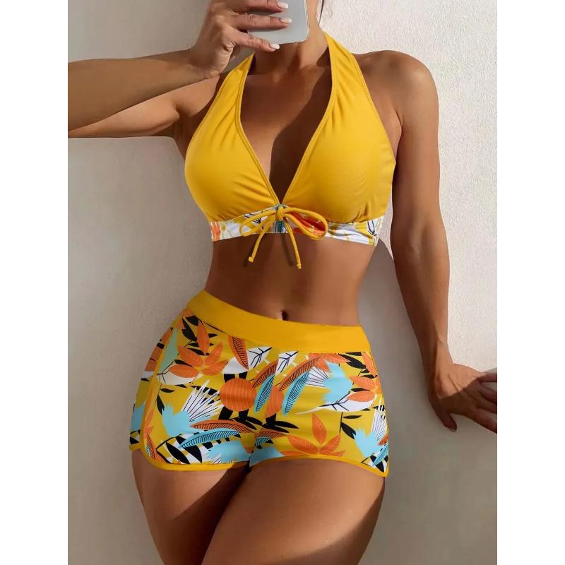 Fashion Printed Swimsuit Women Spliced Lace Up Sporty Surfing Bikini Set Bathing Suit Beachwear Swimwear Female Swimming Suits