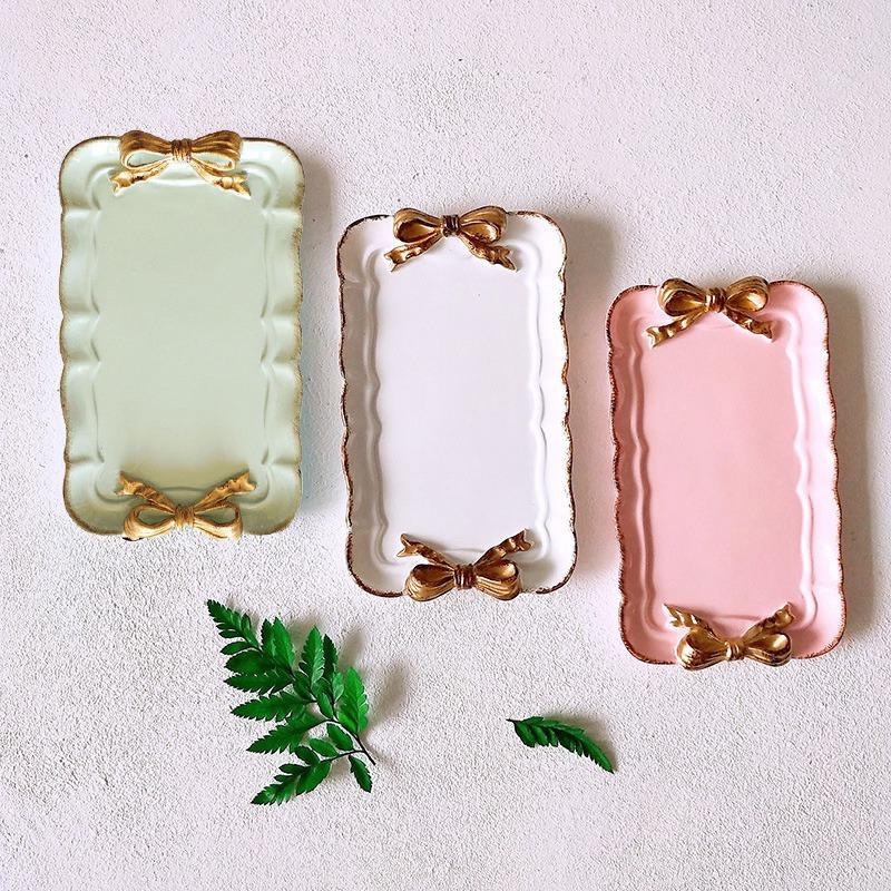 Promotion! European Style Pink Bow Cake Storage Trays Makeup Organizer Dessert Plate Square Decor Tray Kitchen Storage Trays
