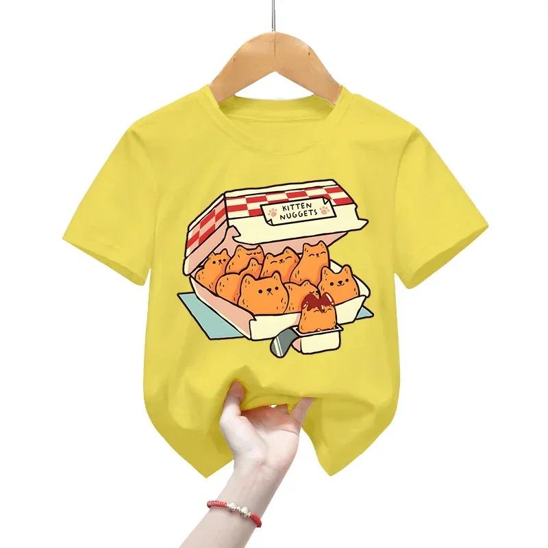 Kitten Nuggets Fast Food Cat T-Shirt Meninas Camisetas Moda Infantil Camisetas Engraçadas Gato Gráfico Tops Desenhos Animados Meninos Camisas Roupas