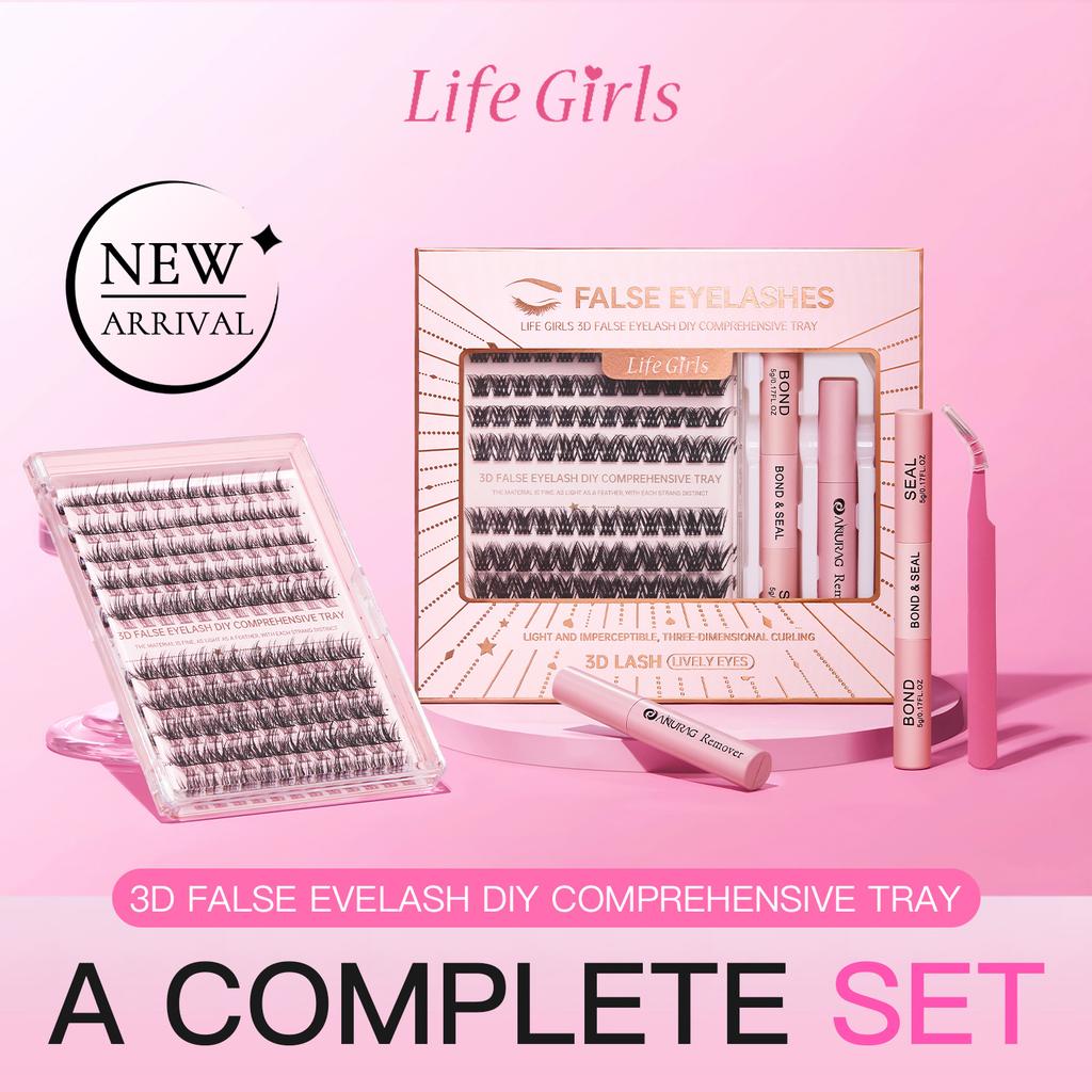 Life Girls 3D Volume False Eyelash Kit – Fluffy & Natural Cluster Lashes, DIY Individual Lash Extensions, Hot Melt Glue Applicator Set