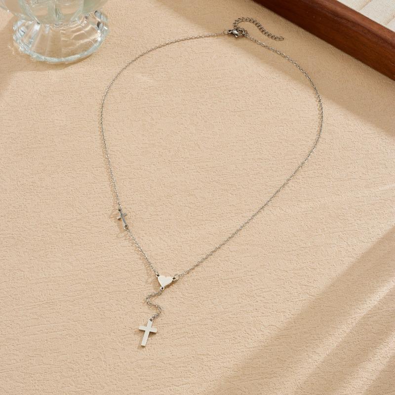 Gold Plated Stainless Steel Cross and Heart Lariat Necklace for Women