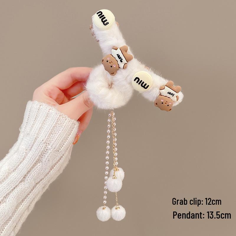 Korean Style Plush Bow Hair Clip with Tassel - Autumn/Winter Women's Hair Accessory