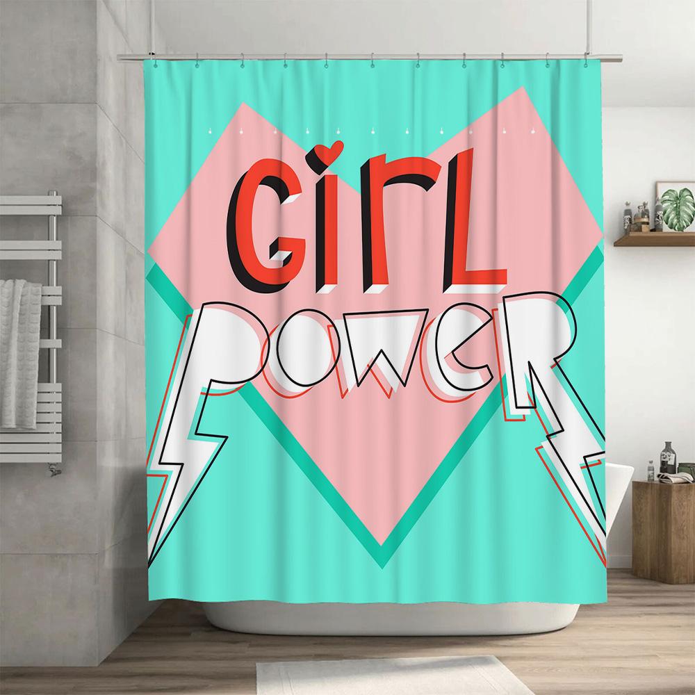 Girl Power Shower Curtain Bold Pink Blue Design for Bathroom Decor Waterproof Fabric with Hooks Set