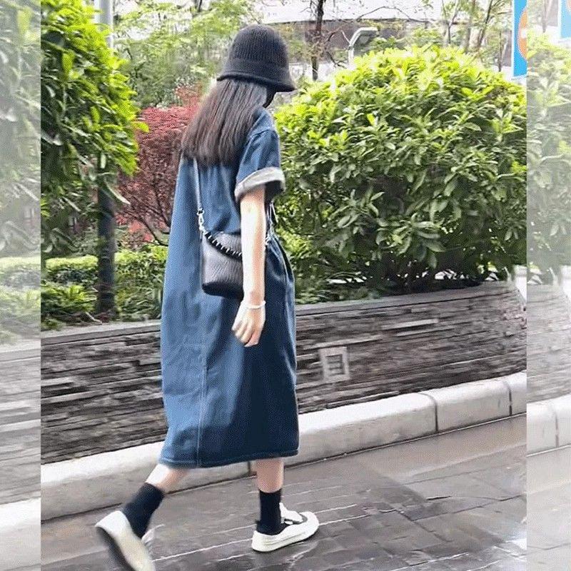 2026 Summer Women s Retro Chic French Blue Denim Polo Collar Dress S 80-105 lbs