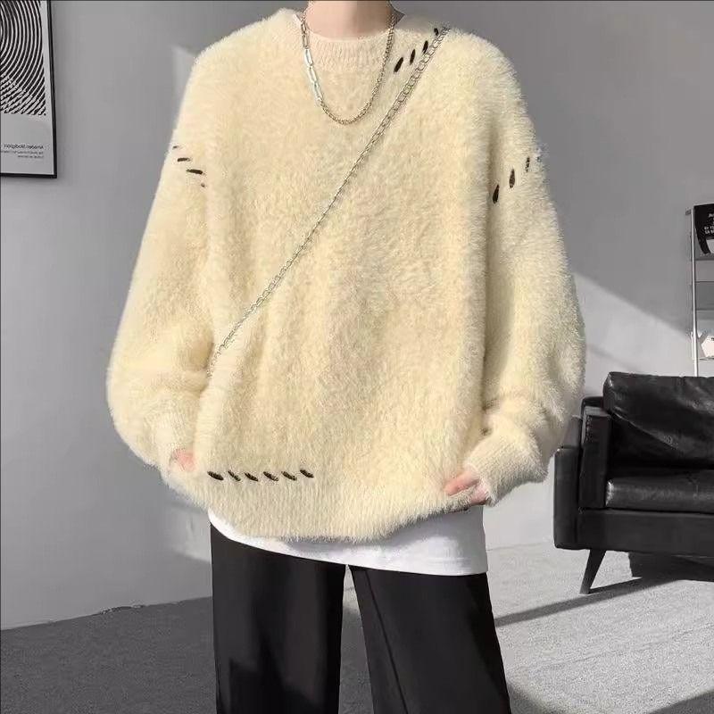 

Базовые однотонные повседневные свитеры Мужская одежда С круглым вырезом Свободные Осень Зима Новые Стильные С яркой отделкой Линией Вязаные пуловеры S бежевый