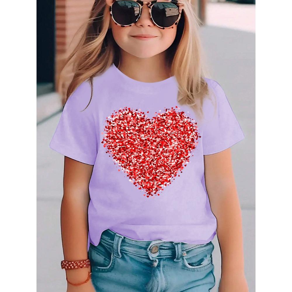 Summer Fashion Girls Short-sleeved T-shirt Red Love Element Printed Casual Versatile Top