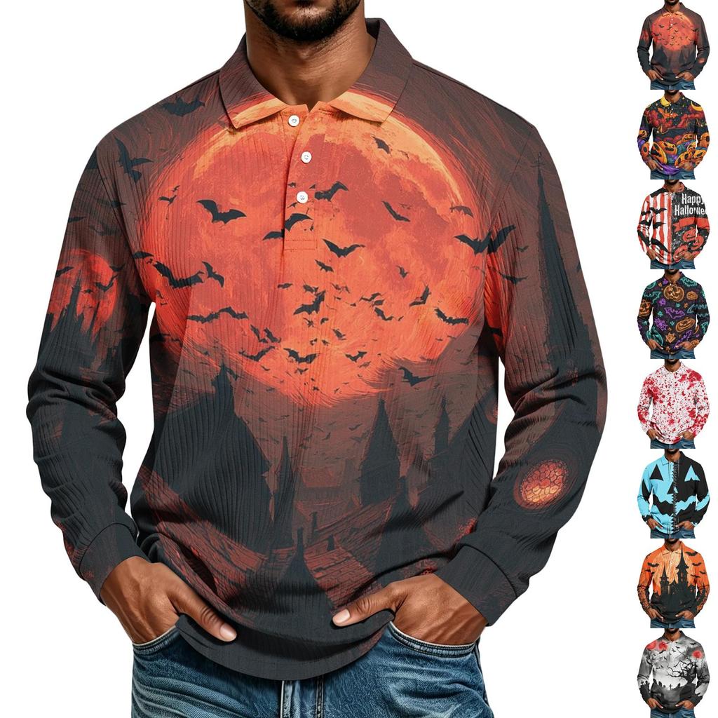 Men's Casual Halloween Print Long Sleeve Shirt Loose Fit
