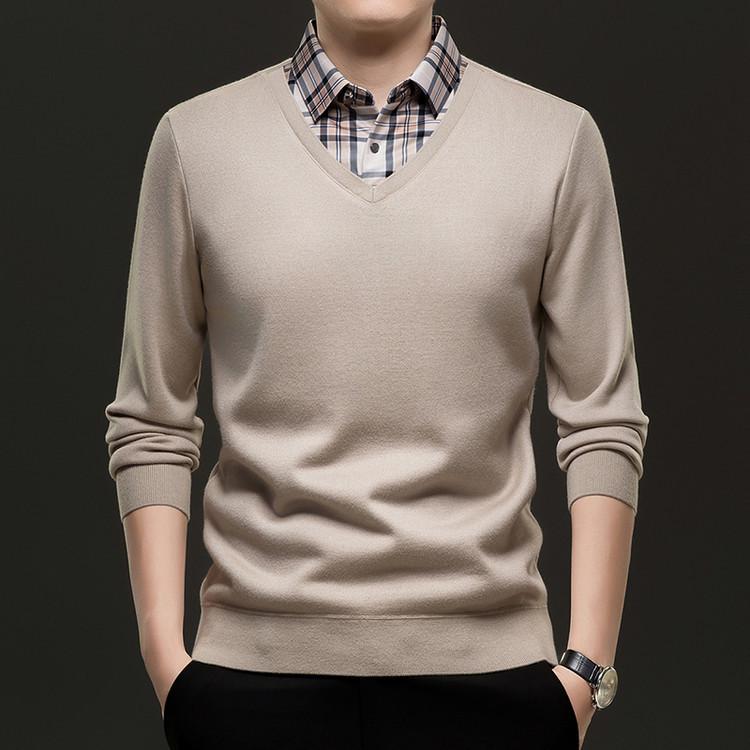 Men's Autumn/Winter Fake Two-Piece Knit Sweater with Velvet Warm Shirt Collar