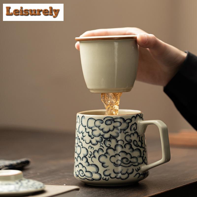 400ml Starožitný Porcelánový Filtr Ru Kiln Oddělovač Čaje Šálek Šťastné Oblaky Kancelářský Pracovní Šálek Osobní Hrnek na Vaření Čaje Nápojové Sklo