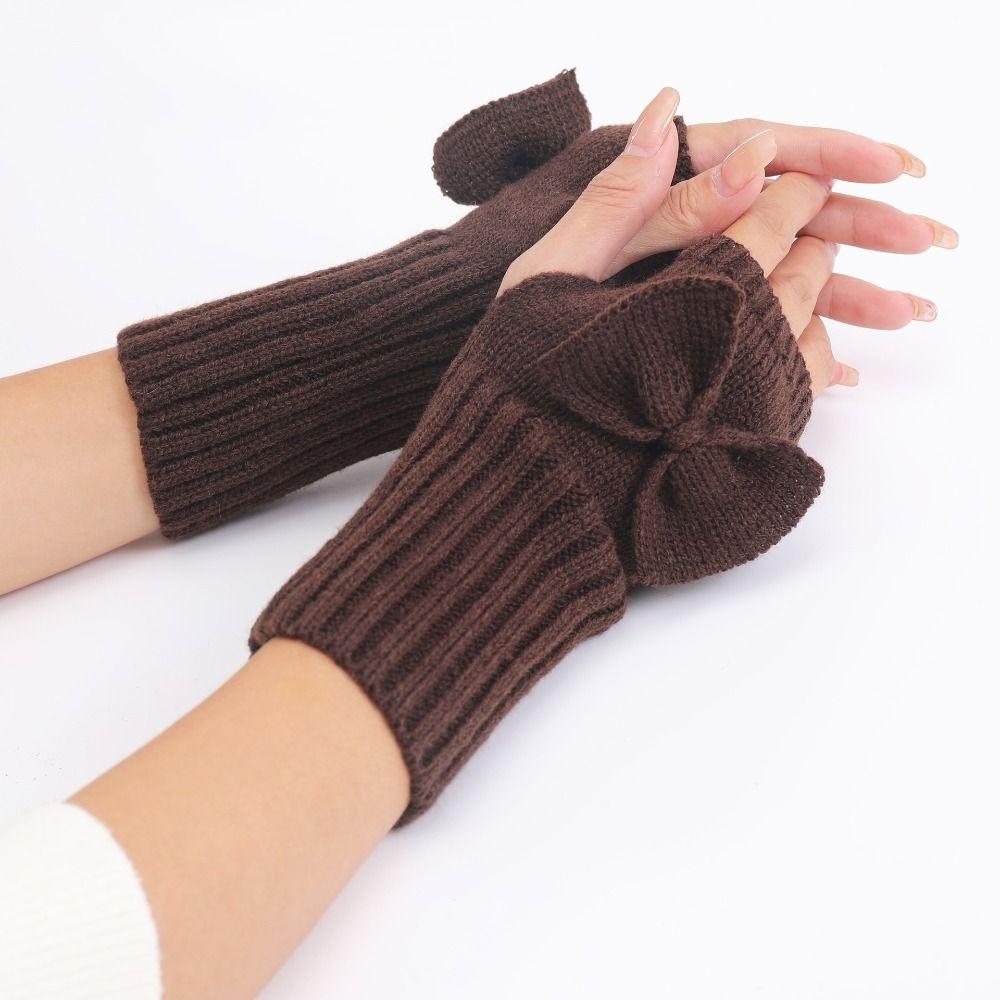 Fashion Accessory Thick Warm Bowknot Knitted Gloves Soft Elastic Fingerless Mittens Keep Warm Arm Warmers Youth Student