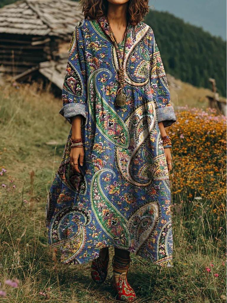 Retro Böhmisches V-Ausschnitt Ethnisches Stil Kleid - Europäischer & Amerikanischer Lässiger Lockerer Schnitt