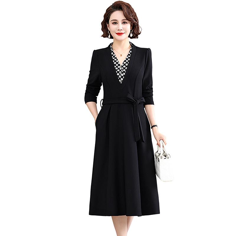 2025 New Spring & Autumn Long-Sleeve Dress for Middle-Aged Women - Elegant Slimming Faux Two-Piece Design