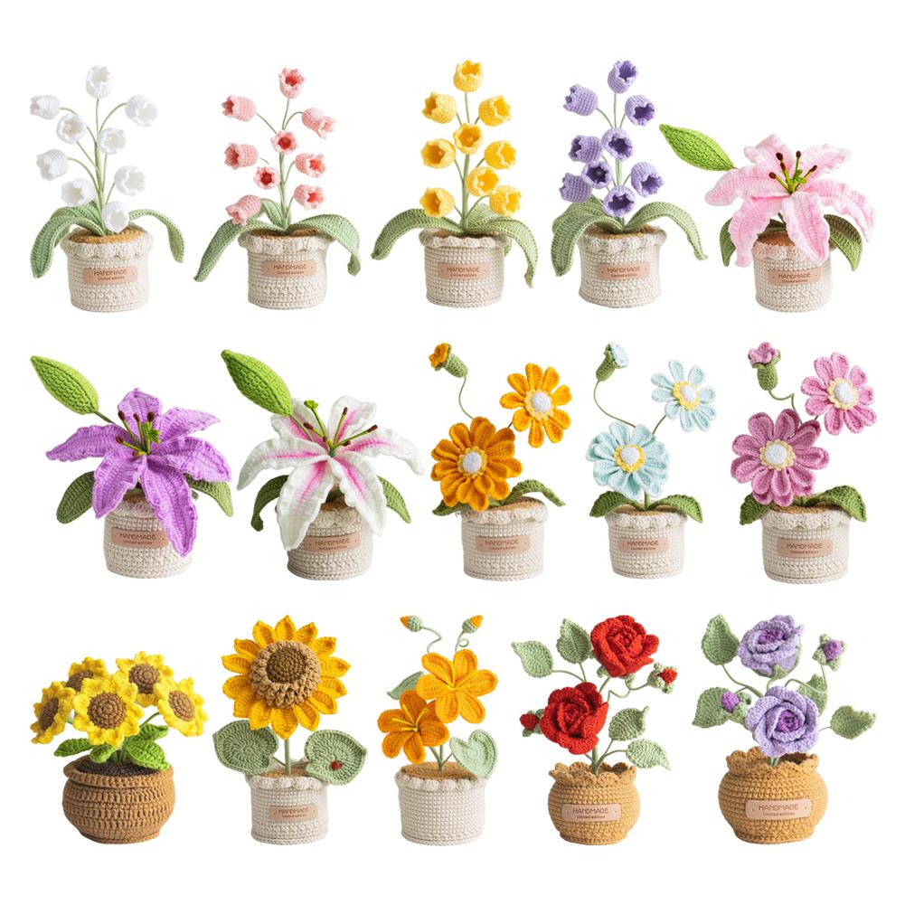Knitted Flowers Decorations Decorative Crochet Flowers Potted Plants Knitted Artificial Flowers for Party Favors