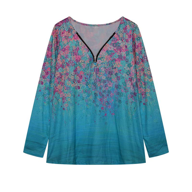 2023 Women's Floral V-neck Zipper Long Sleeve Top