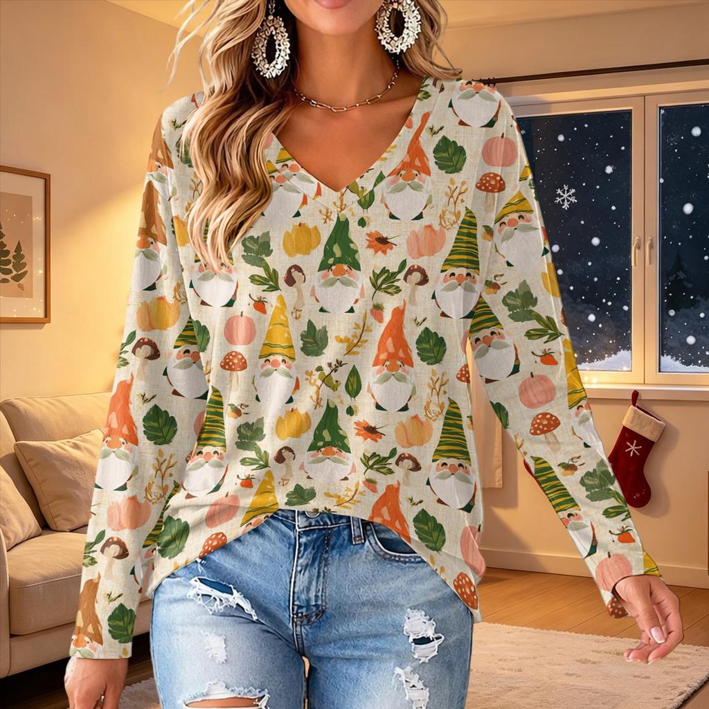 Women's V-Neck Long Sleeve Christmas Print Lightweight Blouse for Spring and Summer