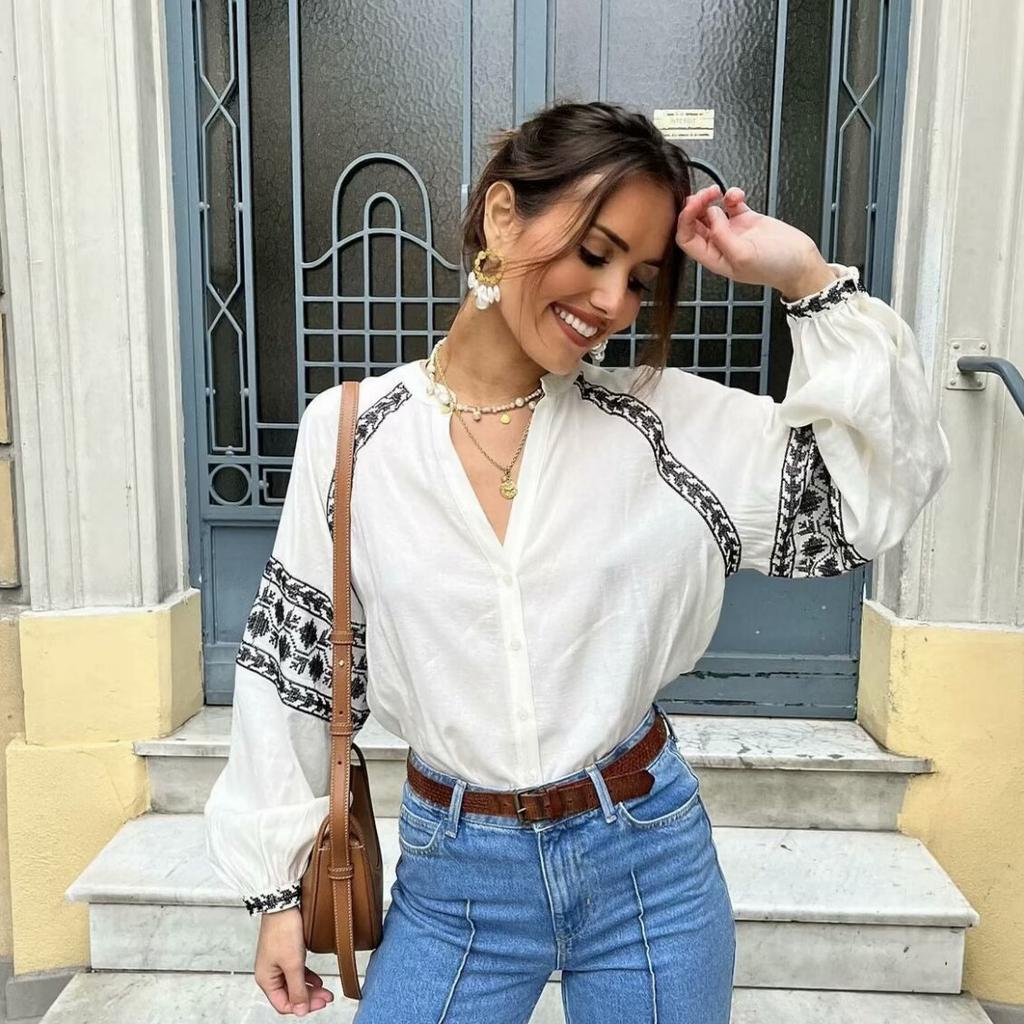 European and American women's clothing 1116 autumn new fashion loose embroidery contrasting color long-sleeved women's shirt top women