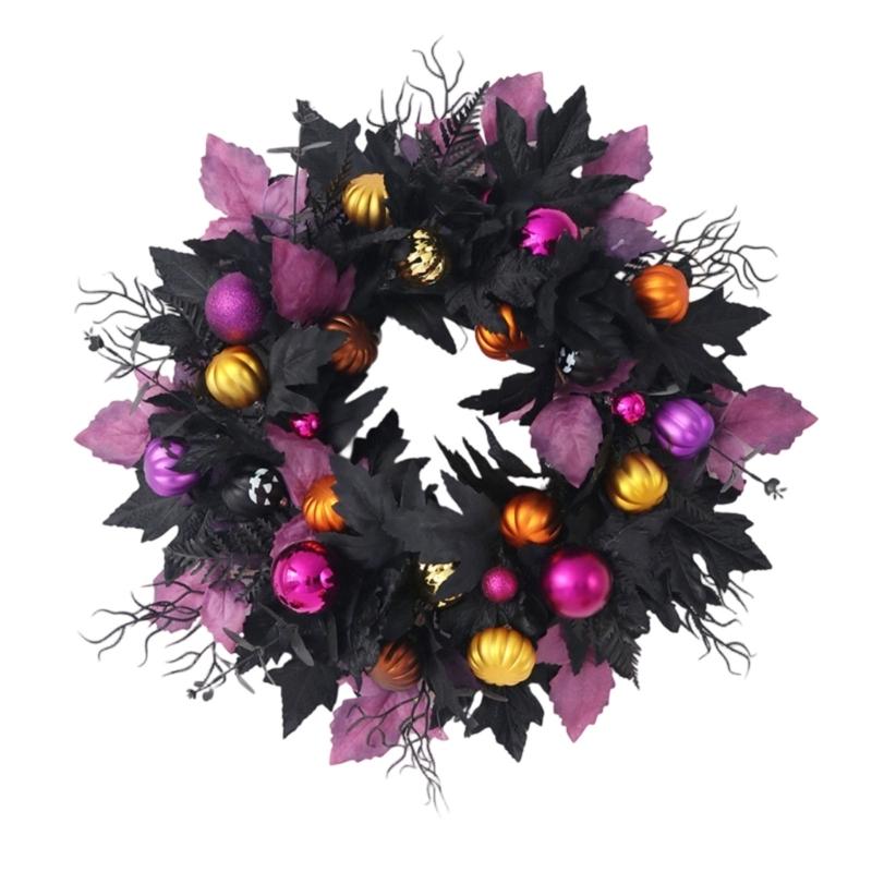 Halloween Front Door Wreath, Artificial Floral Wreath with Black Purpler Leaves Hanging Decoration for Front Door Entryway Wall