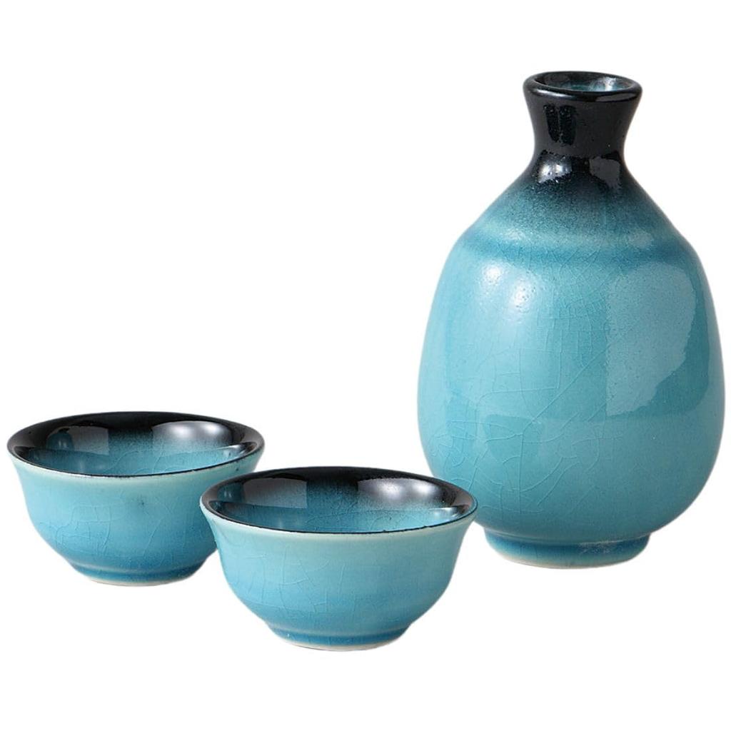 ORANGE APRON Ceramic Sake 300ml Turkish Made in Japan Perfect Includes Sake Katakuchi and Choko Cup Set, Capacity, Blue, (Mino Ware), Boxed, Gift,