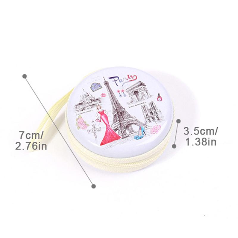 1Pc Creative Round Tinplate Coin Wallet Cartoon Storage Box Small Headphone Cable Mini Zipper Bag