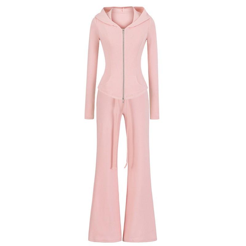 Womens Casual Yoga Set Hooded Zip Cardigan Flared Pants Solid Color Sportswear
