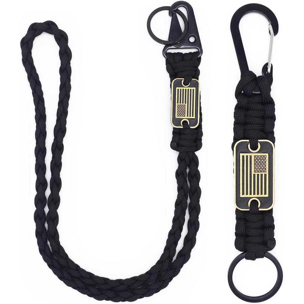 2 Pcs Heavy Duty Paracord Lanyard Necklace 550 Braided Keychain with USA Flag Parachute Rope for Outdoor Camping Hiking Keys
