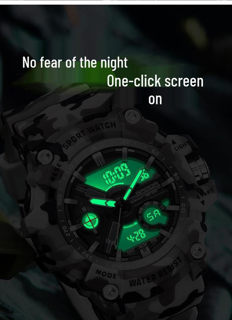 Sanda Men's Multifunctional Camouflage Outdoor Sports Watch – Waterproof with Dual Display and Alarm Clock.