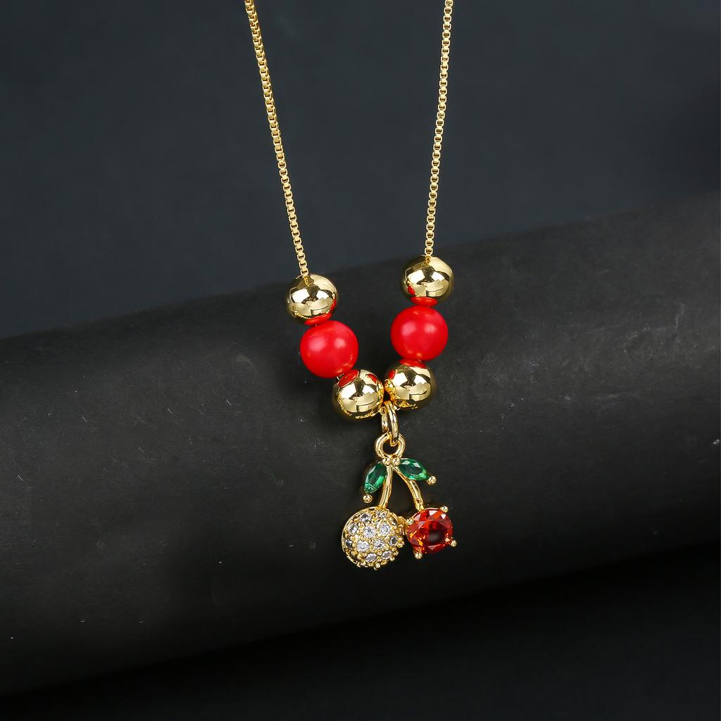 Hot Sale Crystal Red Cherry Pendant Necklace For Woman Gold Plated Fruit Collarbone Chain Fashion Daily Party Jewelry Gift