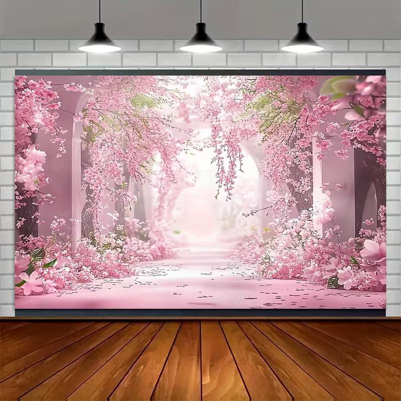 2D Pink Cherry Blossom Path Backdrop Spring Sakura Photography Background