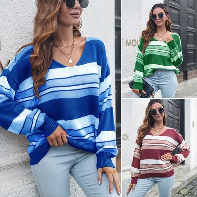 Autumn Women Fashion Gradient Striped Sweater Loose Knitted Casual Top